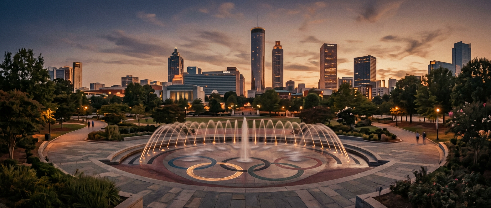 Interactive water fountain in the shape of the Olympic rings with downtown Atlanta buildings in the background